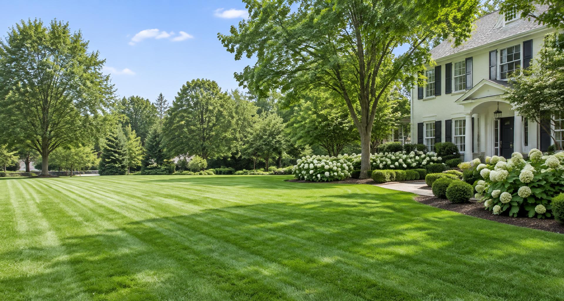 Illustrative landscaped Maryland-style home with a striped green lawn and maintained garden beds